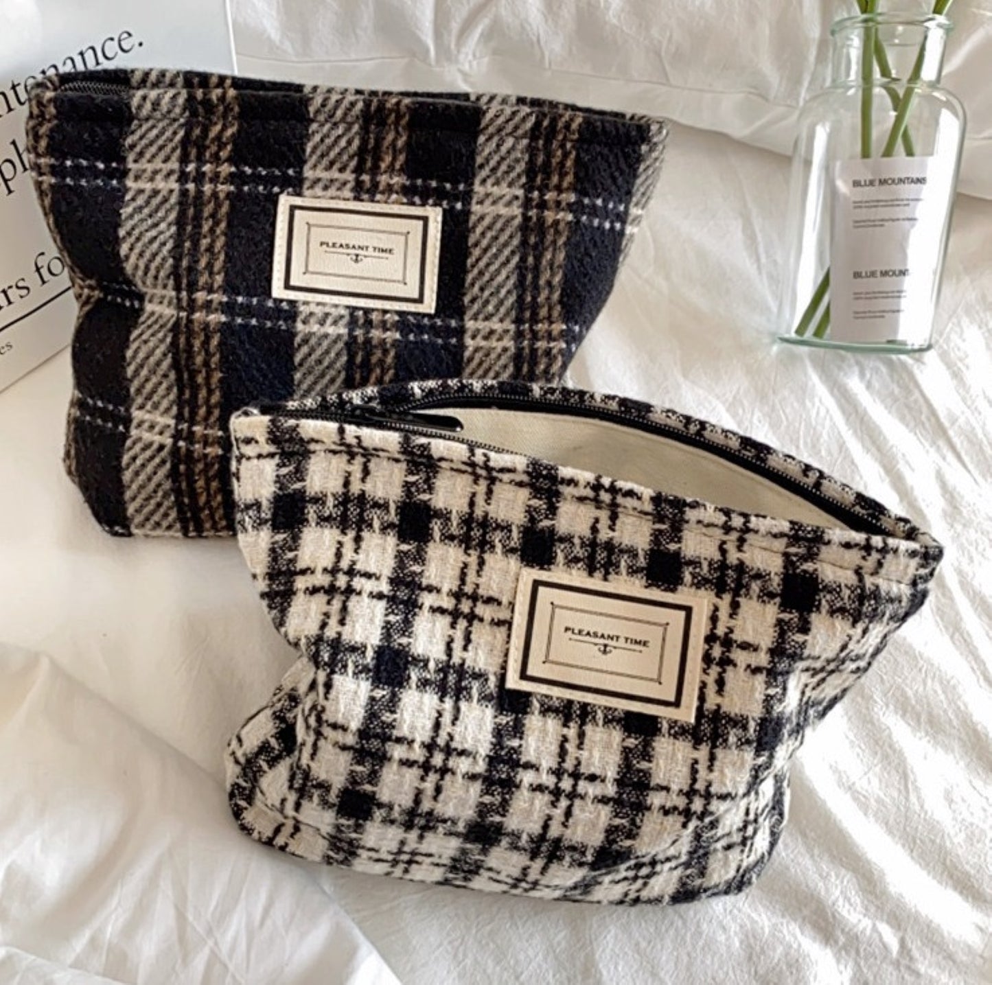Plaid Pattern Cotton Makeup Zipper Pouch - ZoocomingTree