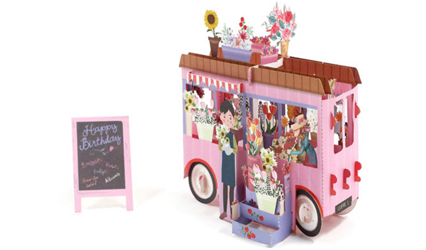 European Flower wagon Birthday 3D Card - ZoocomingTree