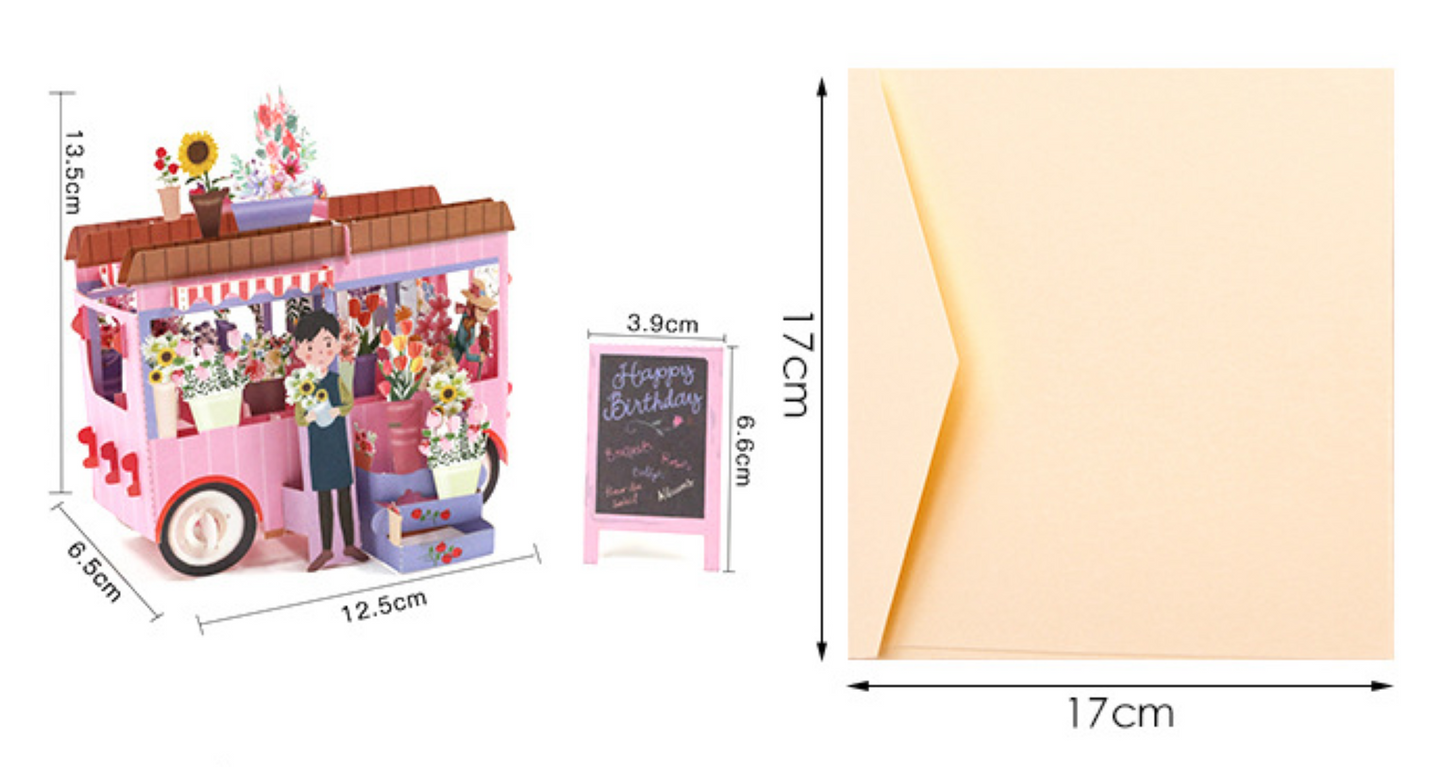 European Flower wagon Birthday 3D Card - ZoocomingTree