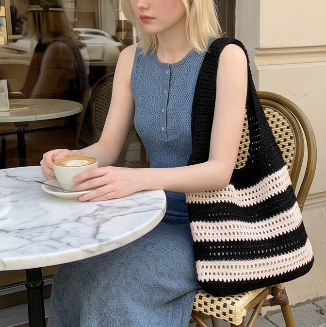 Cute Striped Crochet Shoulder Bag