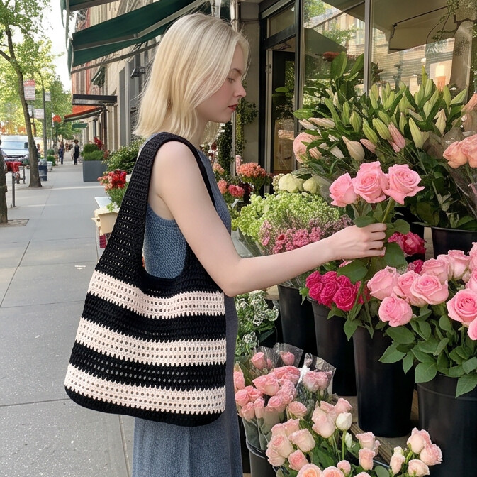 Cute Striped Crochet Shoulder Bag