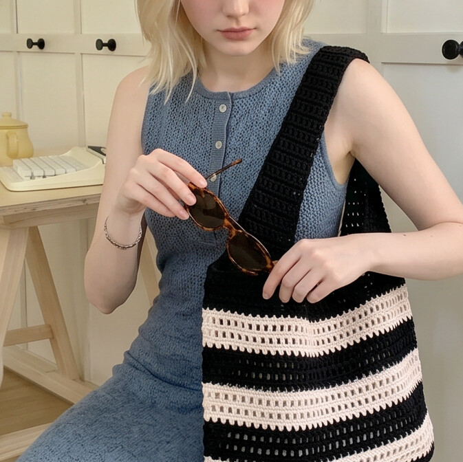 Cute Striped Crochet Shoulder Bag